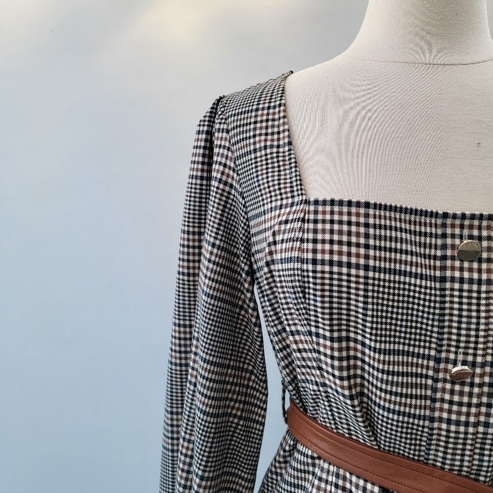 STAUD Plaid Mini Dress Size 8 Glen Check Gray Brown Faux Leather Minimalist Boho - Picture 7 of 16